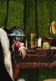 Ганс Гольбейн Молодший, Посли (1533). Подвійний портрет Жана де Дентевіля та Жоржа де Сельва з анаморфним черепом на передньому плані. Символи влади, науки та memento mori.