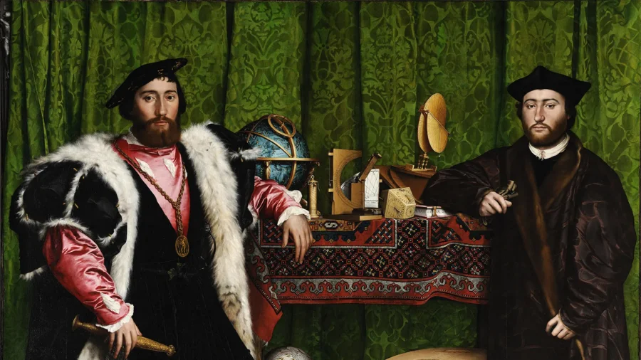 Ганс Гольбейн Молодший, Посли (1533). Подвійний портрет Жана де Дентевіля та Жоржа де Сельва з анаморфним черепом на передньому плані. Символи влади, науки та memento mori.